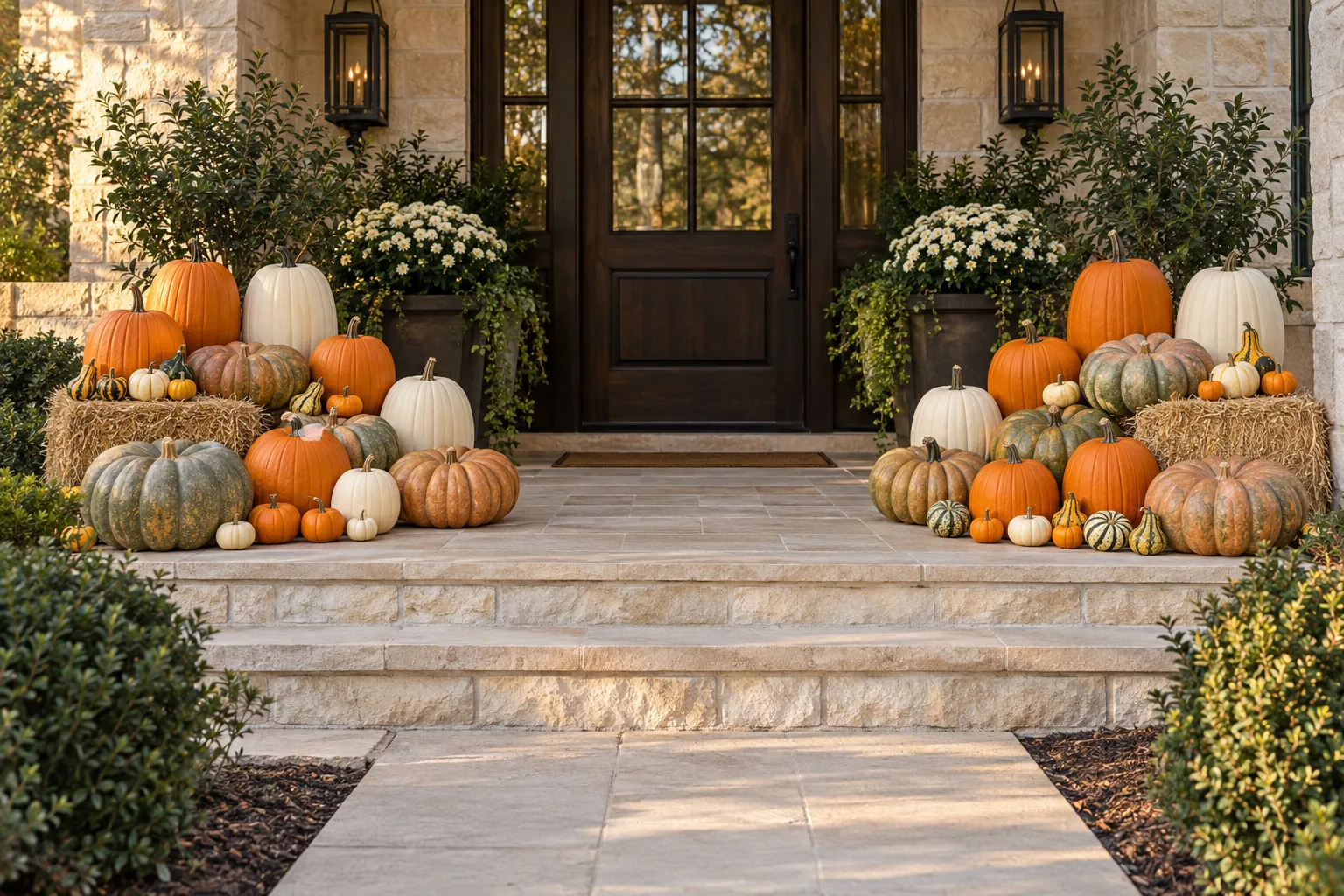 Pemberton Pumpkins main-site styling image: a generous mix of orange, ivory and heirloom pumpkins framing a welcoming front porch