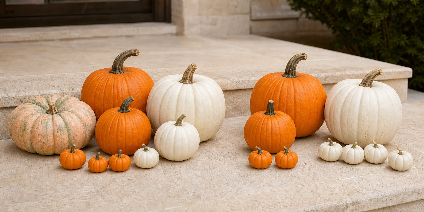 A coordinated orange, ivory and heirloom pumpkin group on pale stone steps, from the main Pemberton website